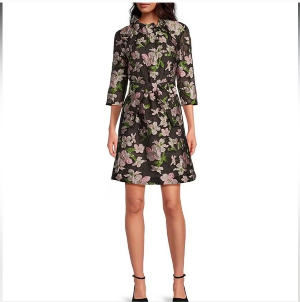 ABBEY GLASS Claudine Organza Floral Jacquard Ruffle Mock Neck Shift Dress